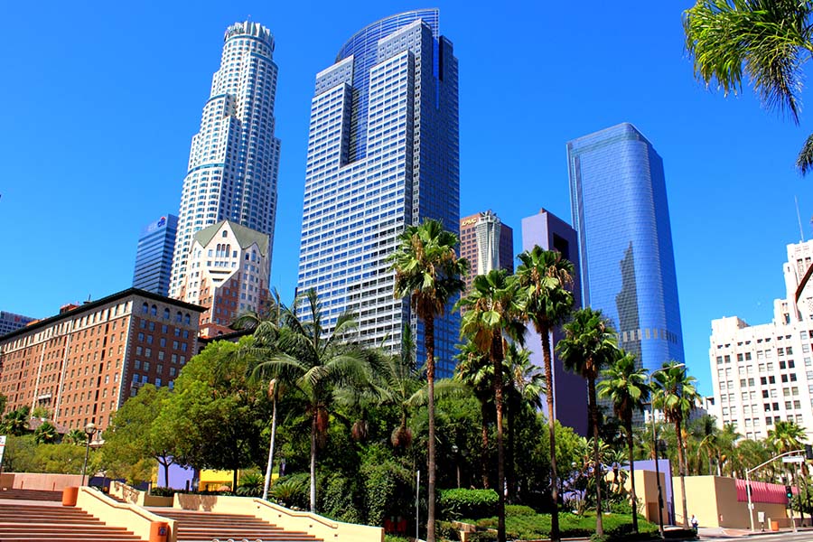 Los Angeles, CA - Angled View of Tall Buildings in Los Angeles, CA With Many Palm Trees on a Sunny Day