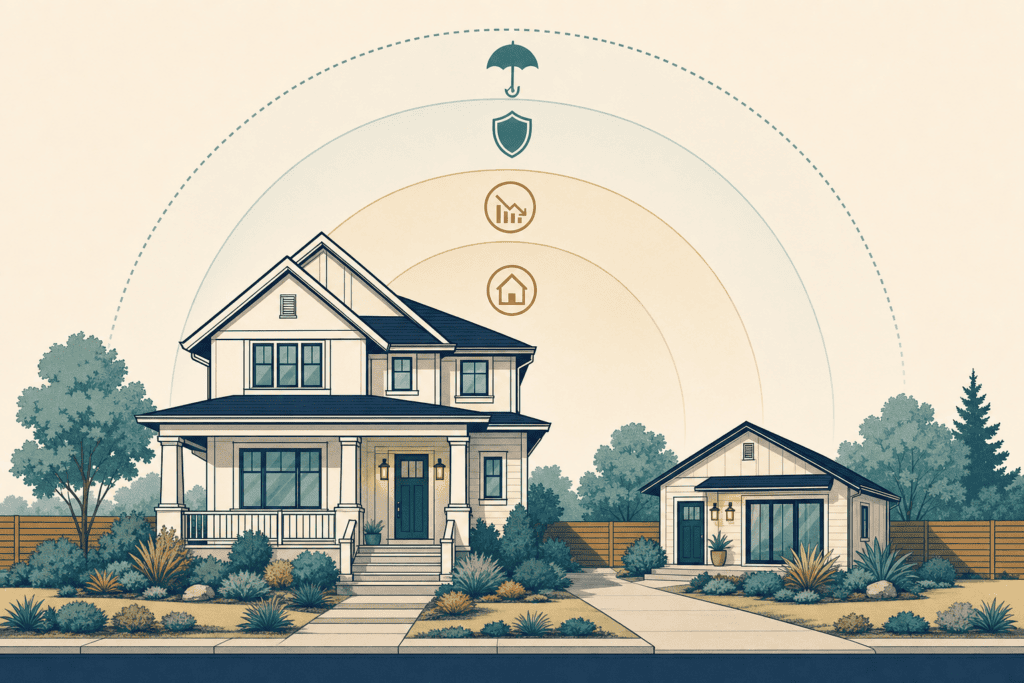 Illustration of a main house and ADU with layered insurance coverage protection